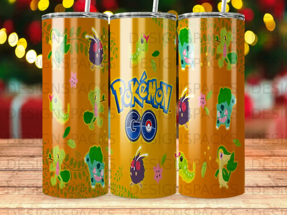 Pokemon Go tumbler with Bulbasaur, Charmander, and Squirtle characters.