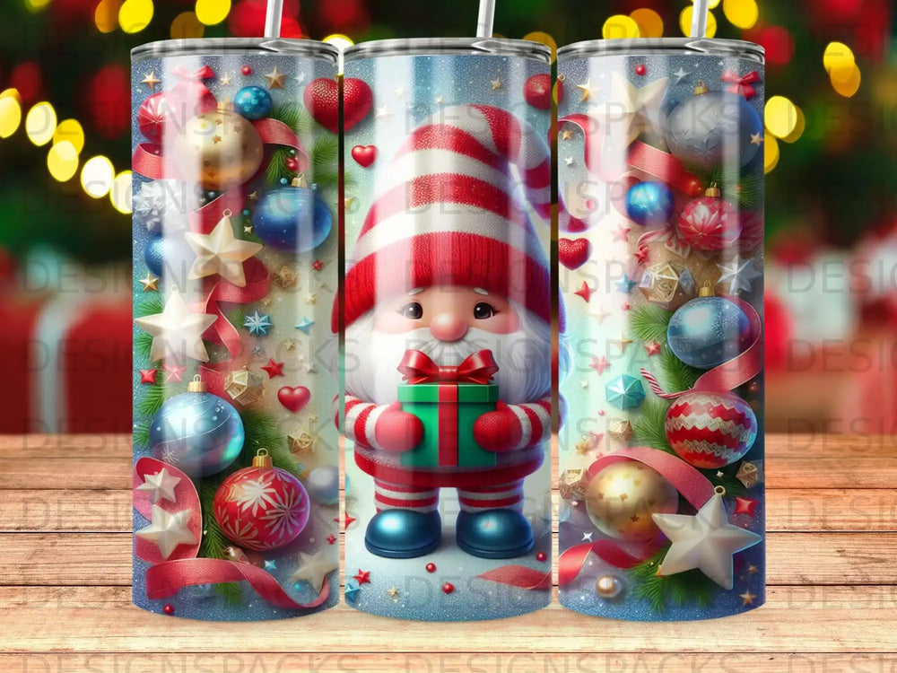 Christmas gnome holding gift surrounded by festive ornaments and ribbons.
