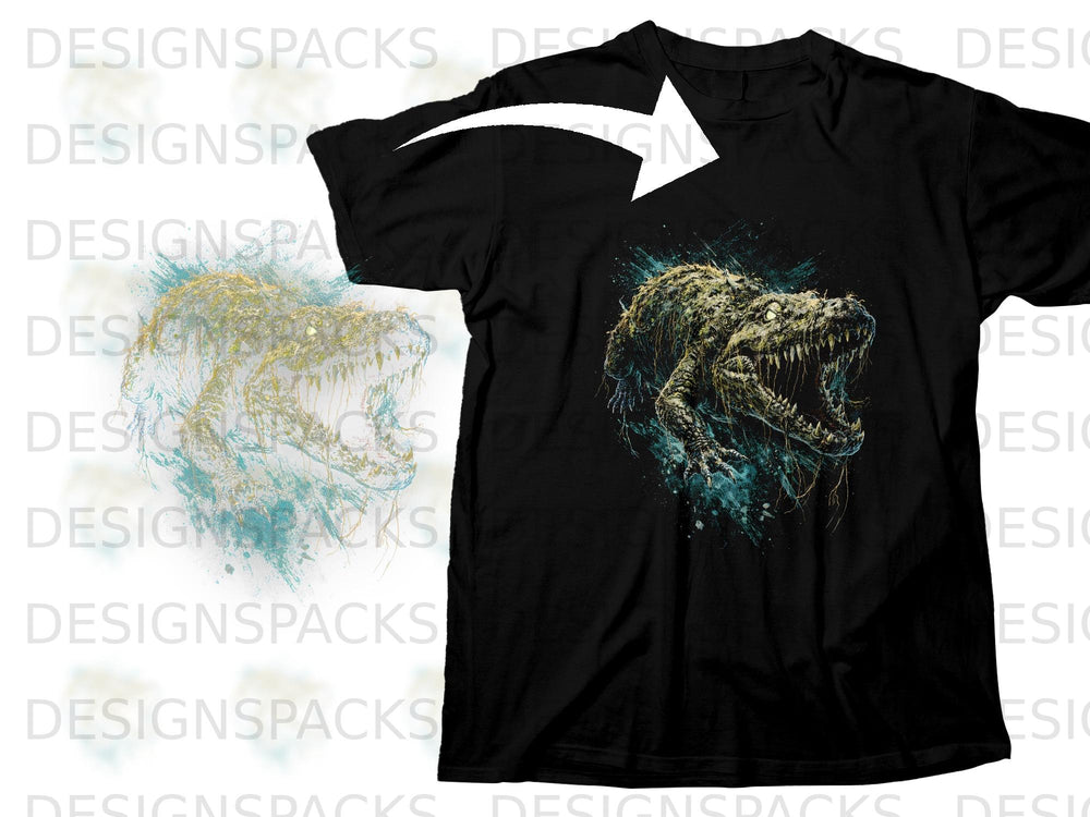Black t-shirt with a detailed, distressed print of a snarling alligator with glowing eyes.