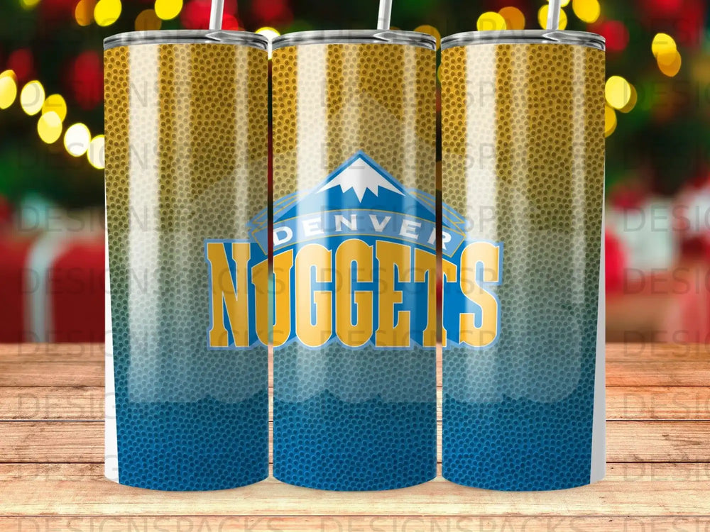 Denver Nuggets logo on a blue and gold gradient tumbler.