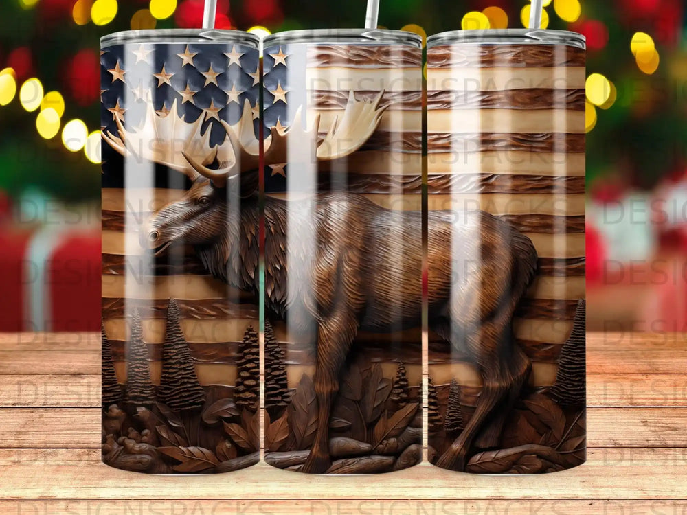 Detailed carved American flag design on a tumbler, featuring a moose.