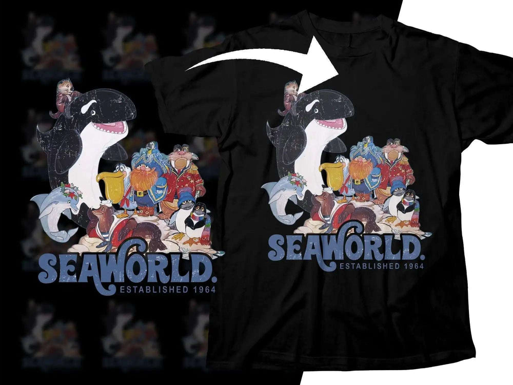 Black t-shirt with vintage SeaWorld design featuring orca, penguins, and sea creatures, established 1964.