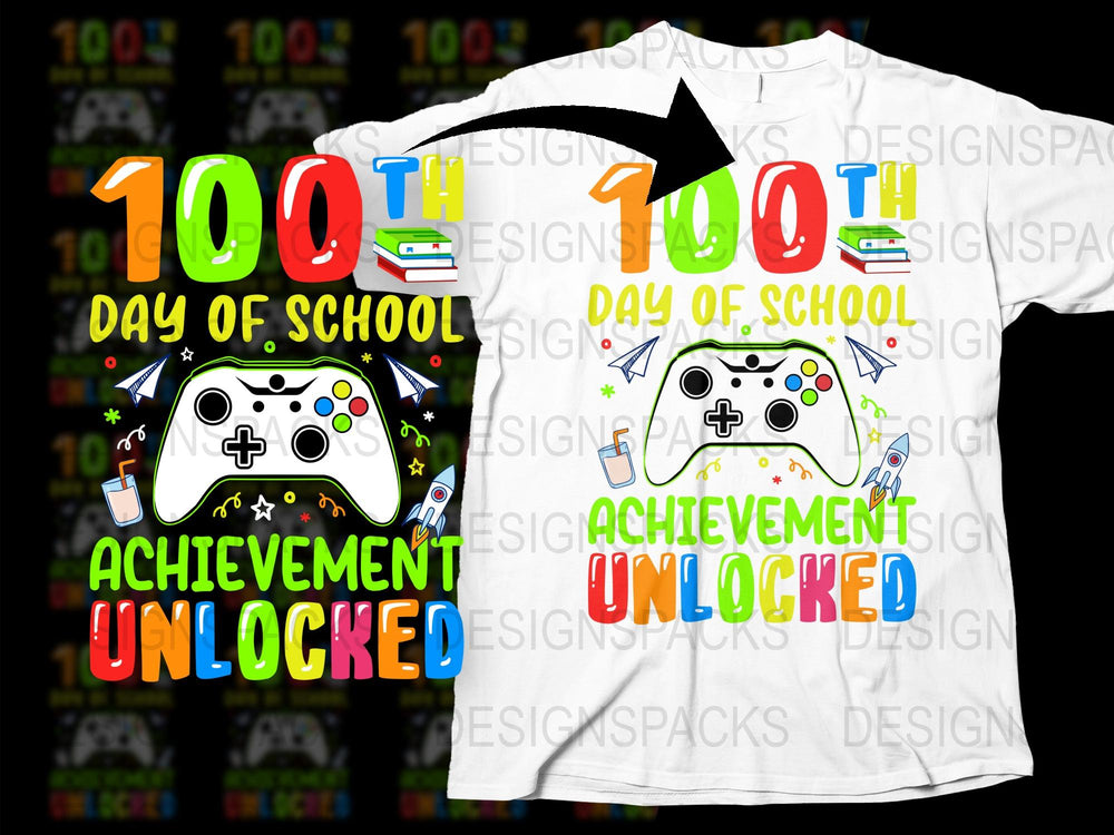 100th Day of School Achievement Unlocked T-Shirt, Gaming Theme Student Celebration Shirt, Colorful Kids School Event Tee