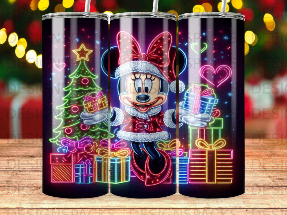 Minnie Mouse in a Santa outfit holding gifts surrounded by neon Christmas lights and presents.