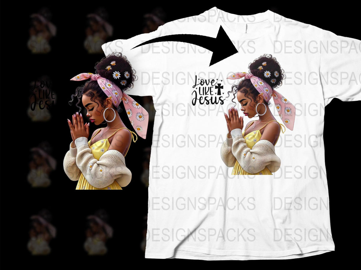 Women's Prayer Graphic T-Shirt, Christian Faith Fashion Tee, Floral Headwrap, Inspirational Clothing