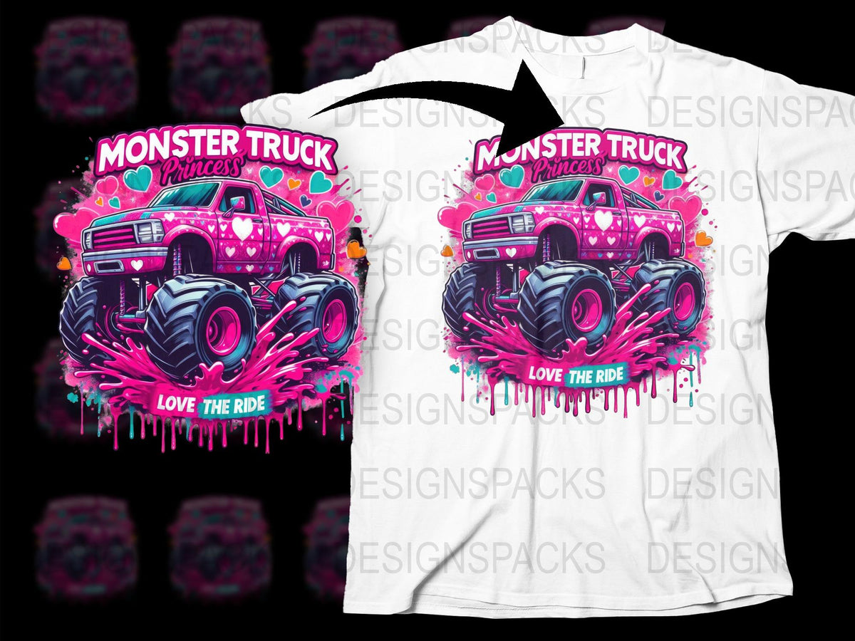 Monster Truck Princess T-Shirt, Kids Graphic Tee, Pink Truck Love the Ride, Girls' Birthday Gift, Fun Vehicle Shirt for Children
