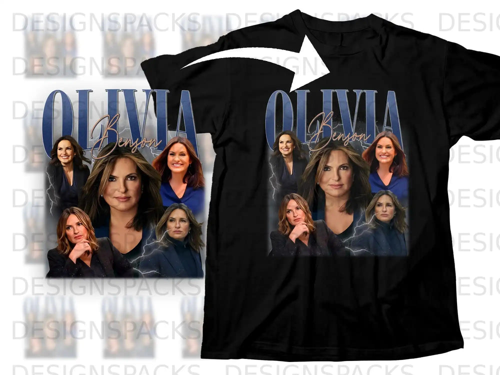 Olivia Benson collage on black t-shirt, "Law & Order" logo.