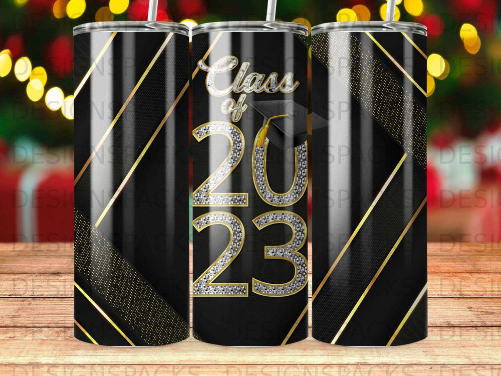 Class of 2023 graduation tumbler with black, gold, and diamond patterns.