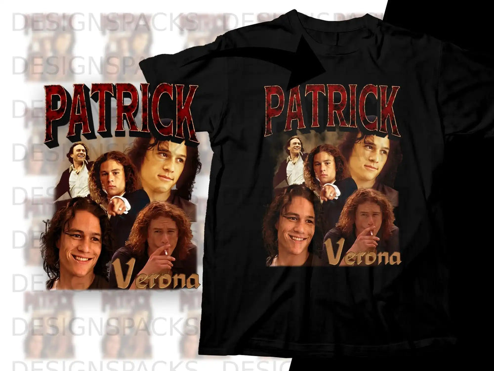 Black t-shirt with Heath Ledger as Patrick Verona from the movie 10 Things I Hate About You.