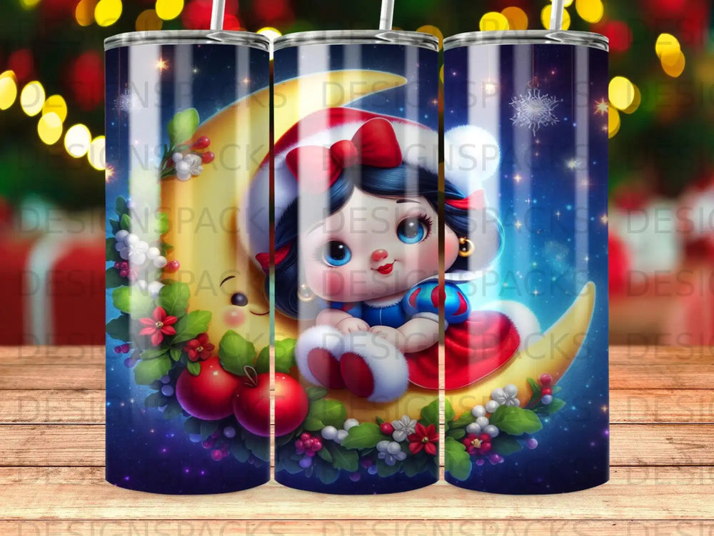Snow White sits on a crescent moon, surrounded by festive holiday decorations.