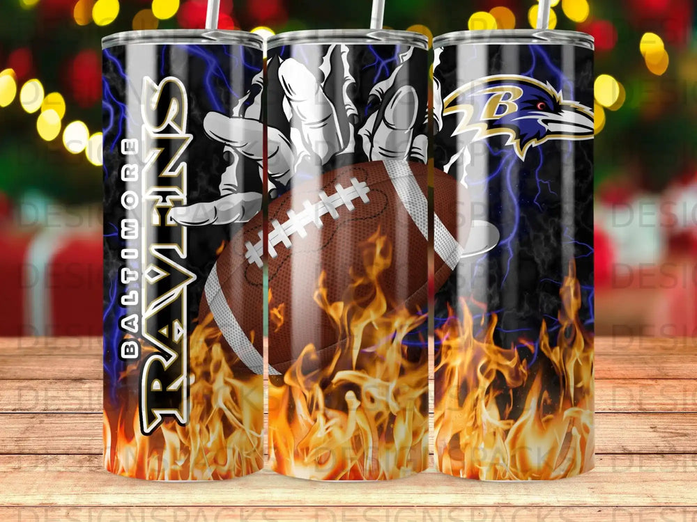 Baltimore Ravens football with flames and lightning on a tumbler.