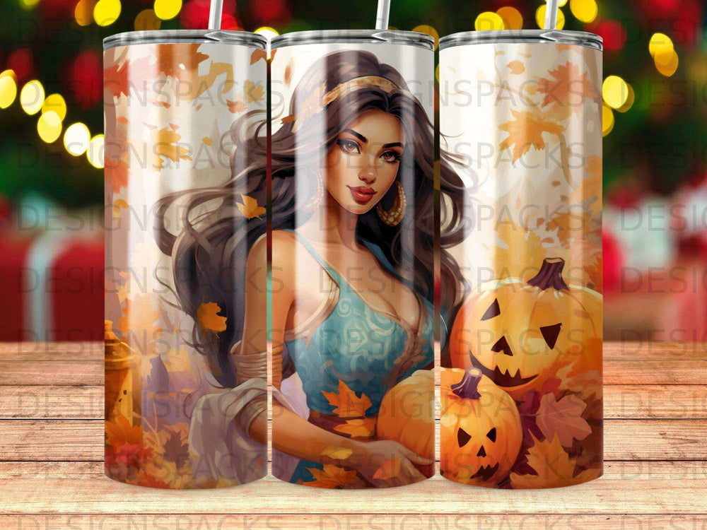 Woman with pumpkins and fall leaves on tumbler design.
