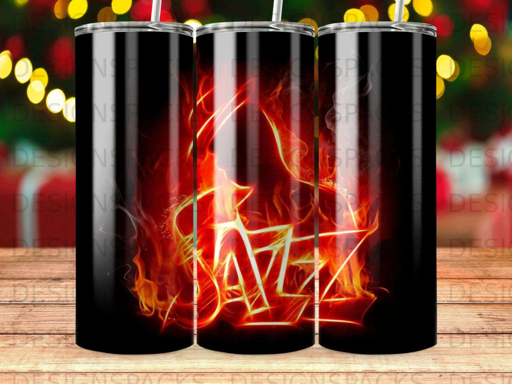 Flames engulf the band name "JAZZ" on a black tumbler with a straw.