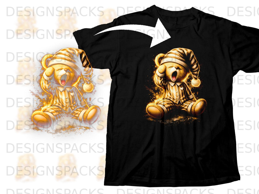 Golden teddy bear in pajamas and striped nightcap yawning on a black t-shirt.