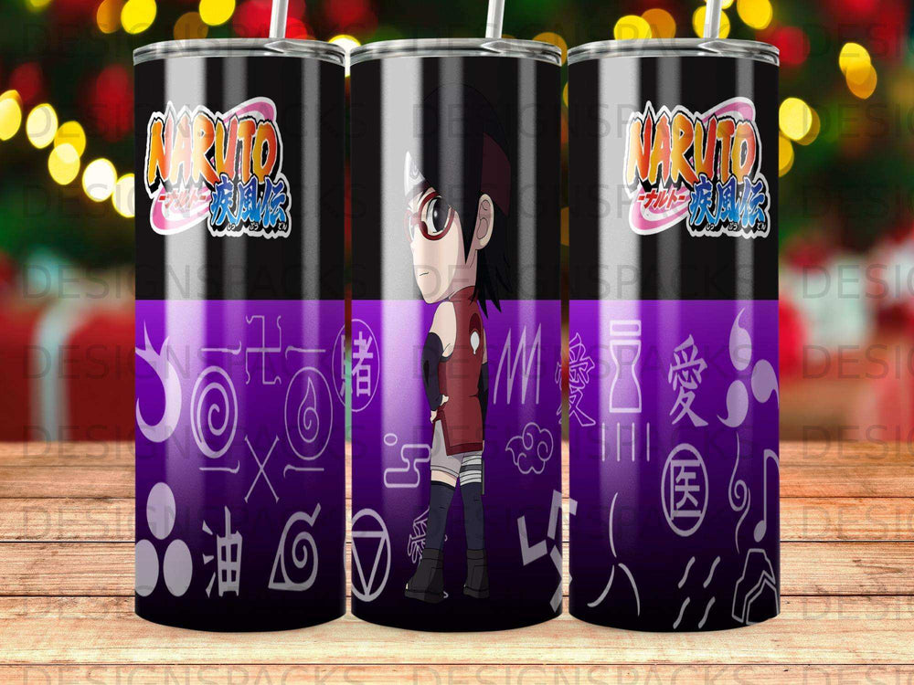 Naruto Sarada Uchiha character art with purple gradient and Japanese symbols.