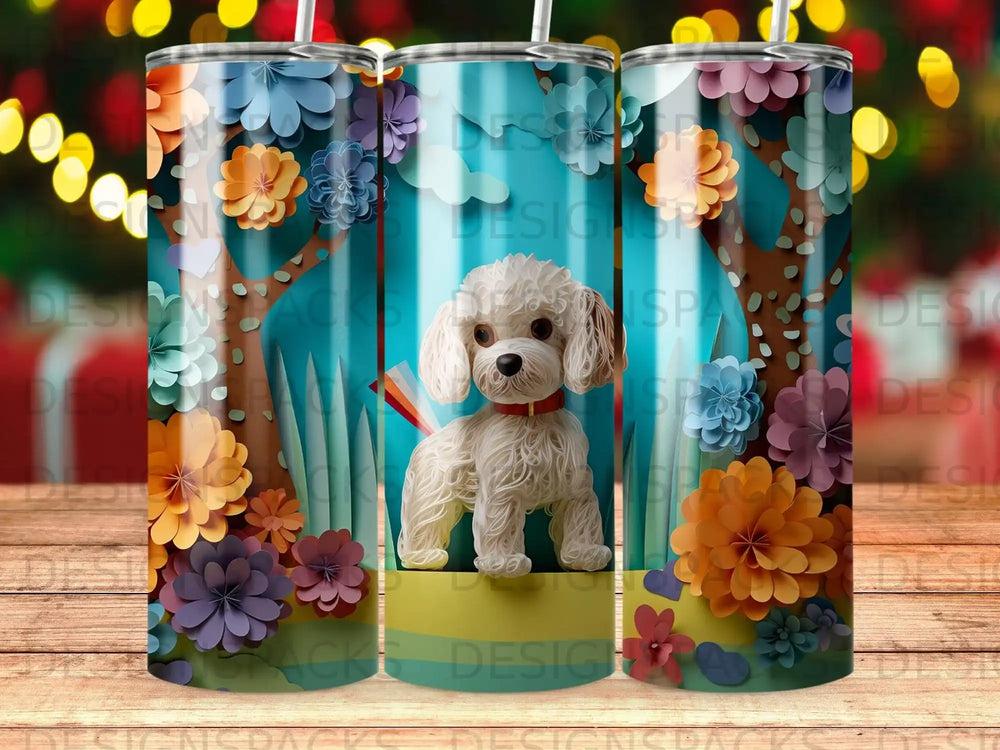 White poodle with colorful floral background and rainbow accent.