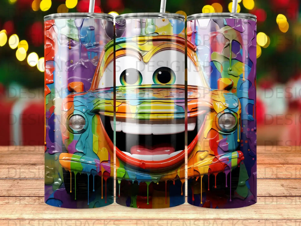 Colorful cartoon car face with dripping paint.