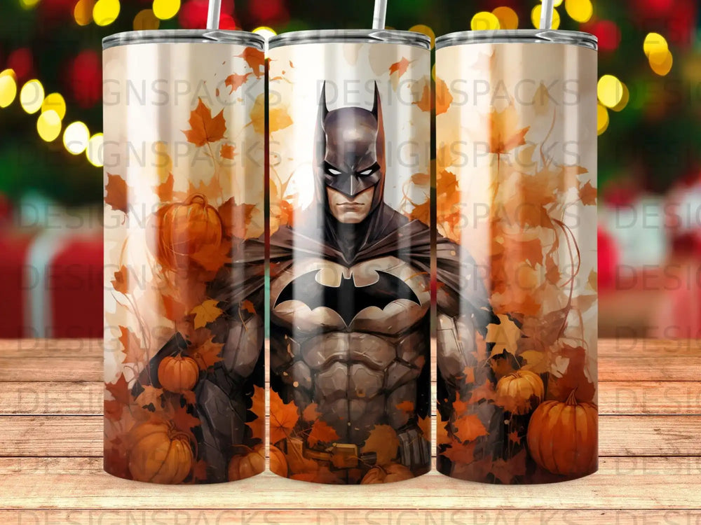 Batman with pumpkins and autumn leaves, digital art sublimation tumbler wrap.