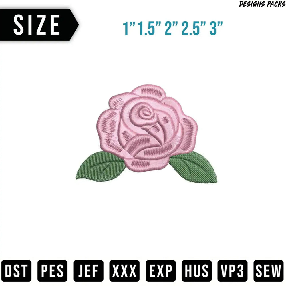 Pink rose embroidery design with size options.