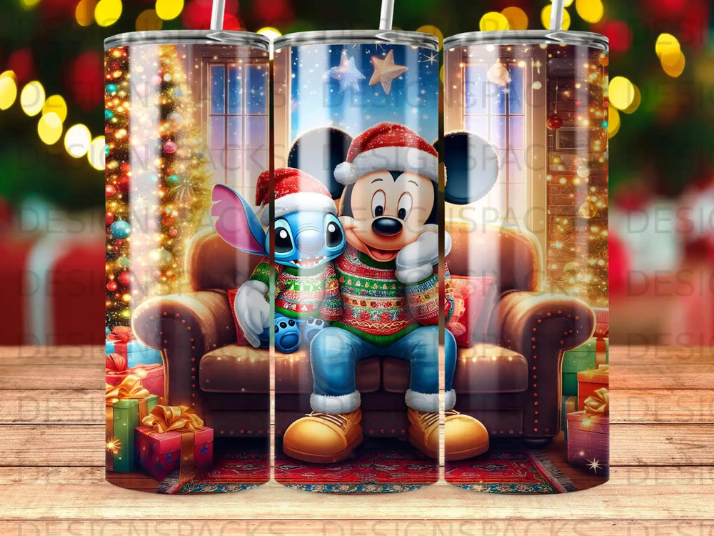Mickey Mouse and Stitch wearing Christmas sweaters sit on a couch.