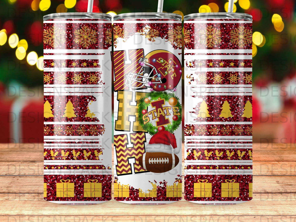 Tumbler design with "HO HO HO" and football, festive snowflakes, stripes, and gifts.