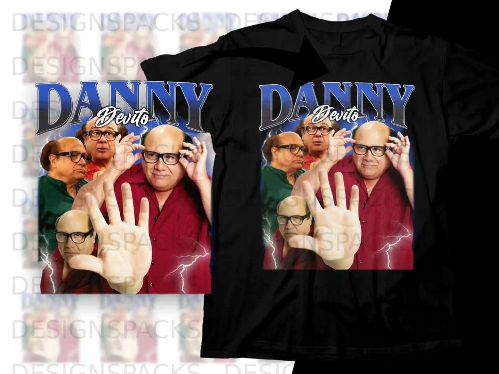 T-shirt featuring Danny DeVito's face with hand raised, lightning bolts.
