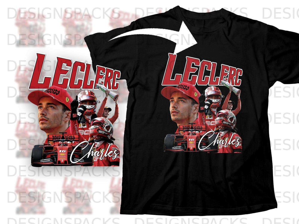 Black t-shirt featuring Leclerc and Charles text with racing imagery.
