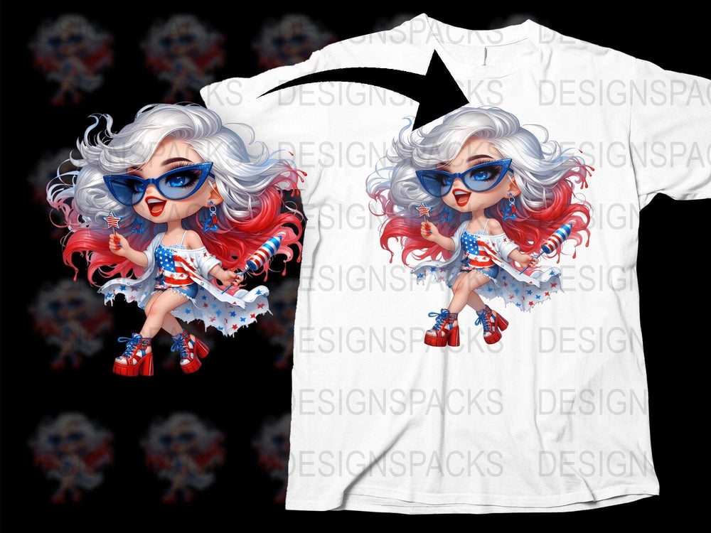 Patriotic Superhero Girl T-Shirt, Comic Style Character, Red White Blue Outfit, Funky Hair, Cool Sunglasses, Kids Fashion