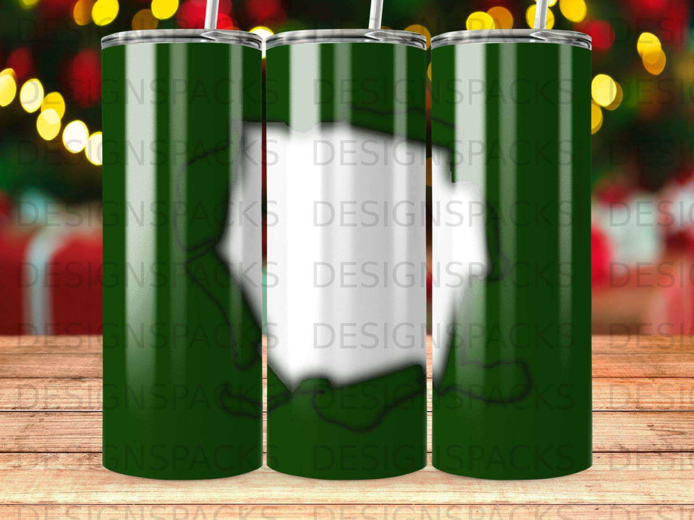 Green tumbler with repeating "DESIGNSPACKS" pattern.