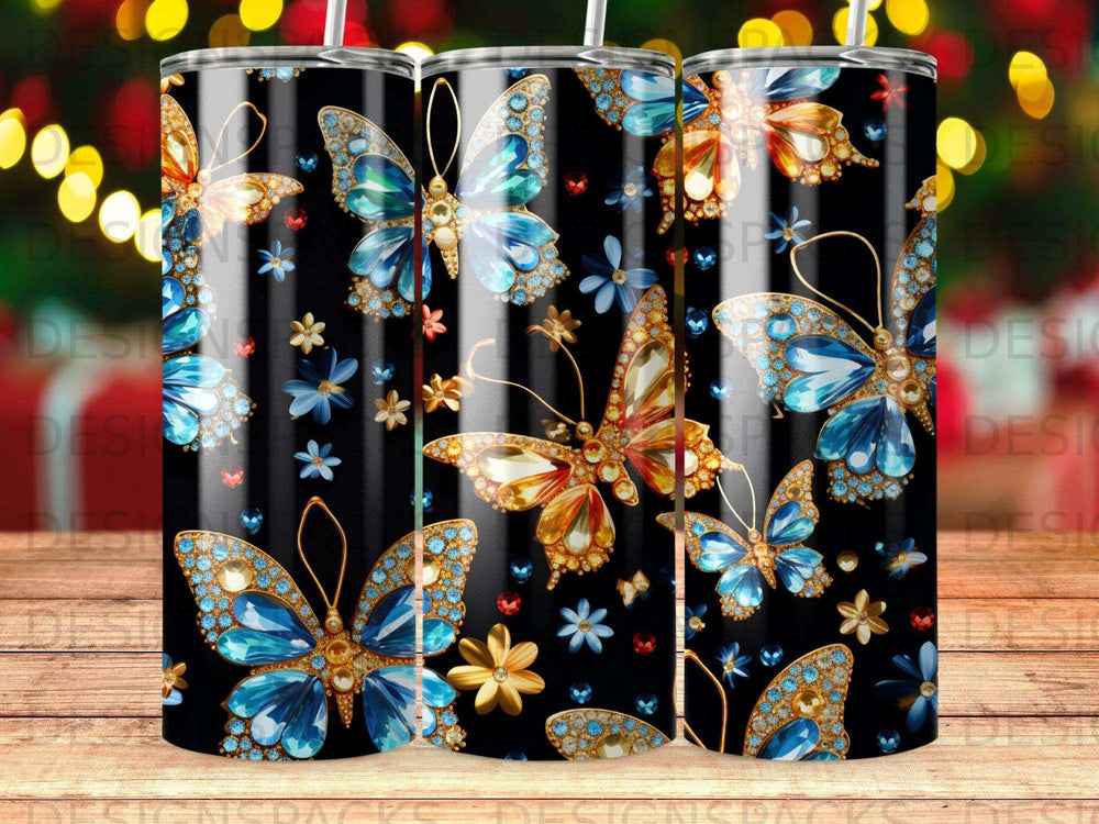 Black tumbler with iridescent butterflies and blue gem accents.