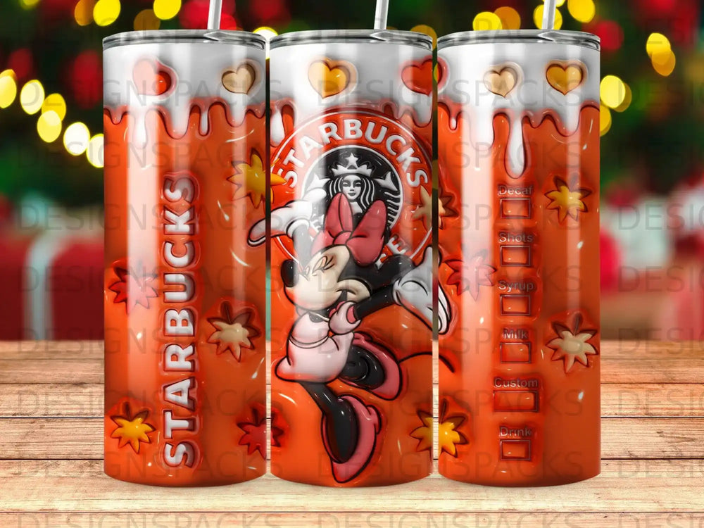 Starbucks tumbler with Minnie Mouse and orange-brown patterned background.