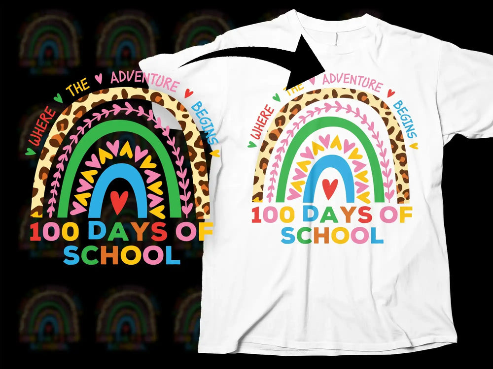 100 Days of School T-Shirt, Adventure Begins, Colorful Rainbow Graphic Tee