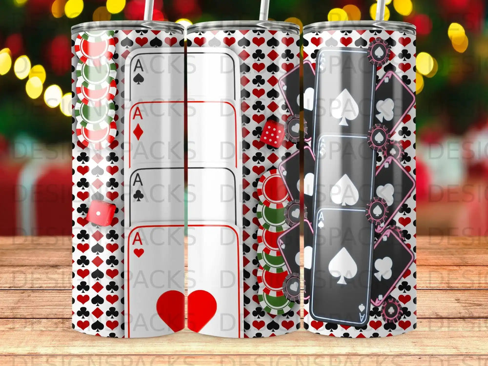 Playing card suits, dice, and poker chips pattern on a tumbler.