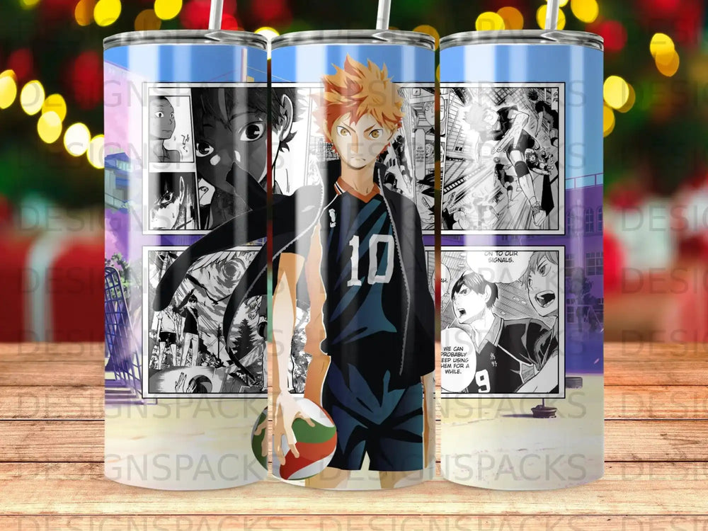 Anime character Hinata Shoyo from Haikyuu!! on a blue tumbler.