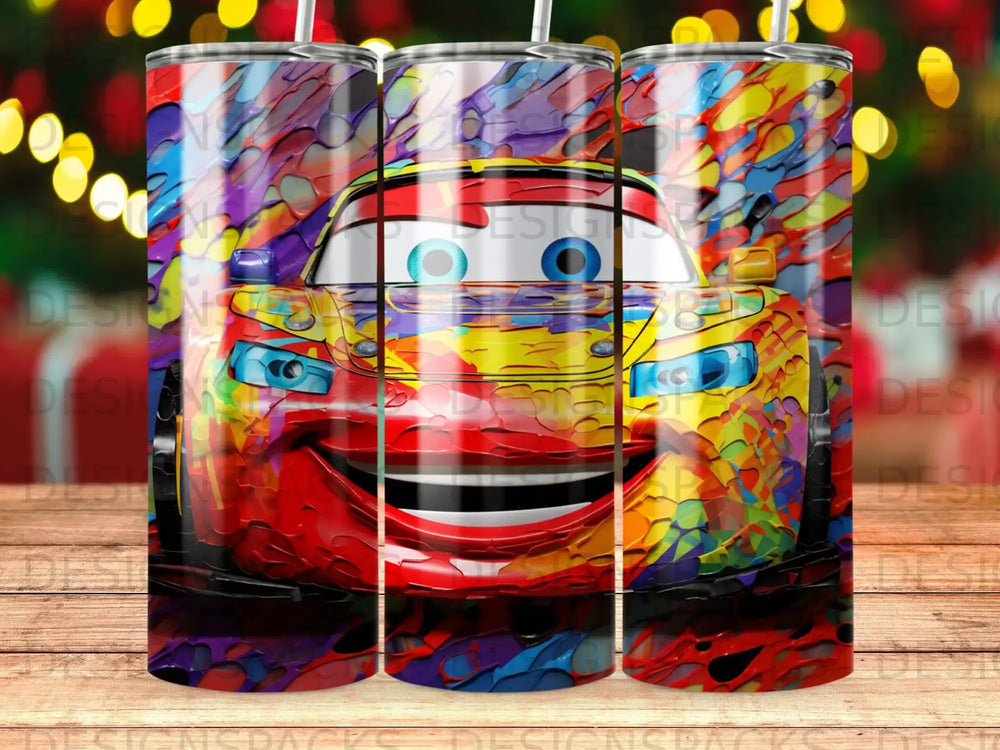 Lightning McQueen cartoon car with vibrant, abstract colorful paint splatters.