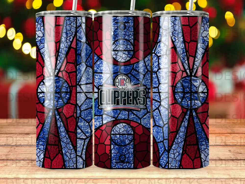 Los Angeles Clippers logo on a stained-glass pattern tumbler.