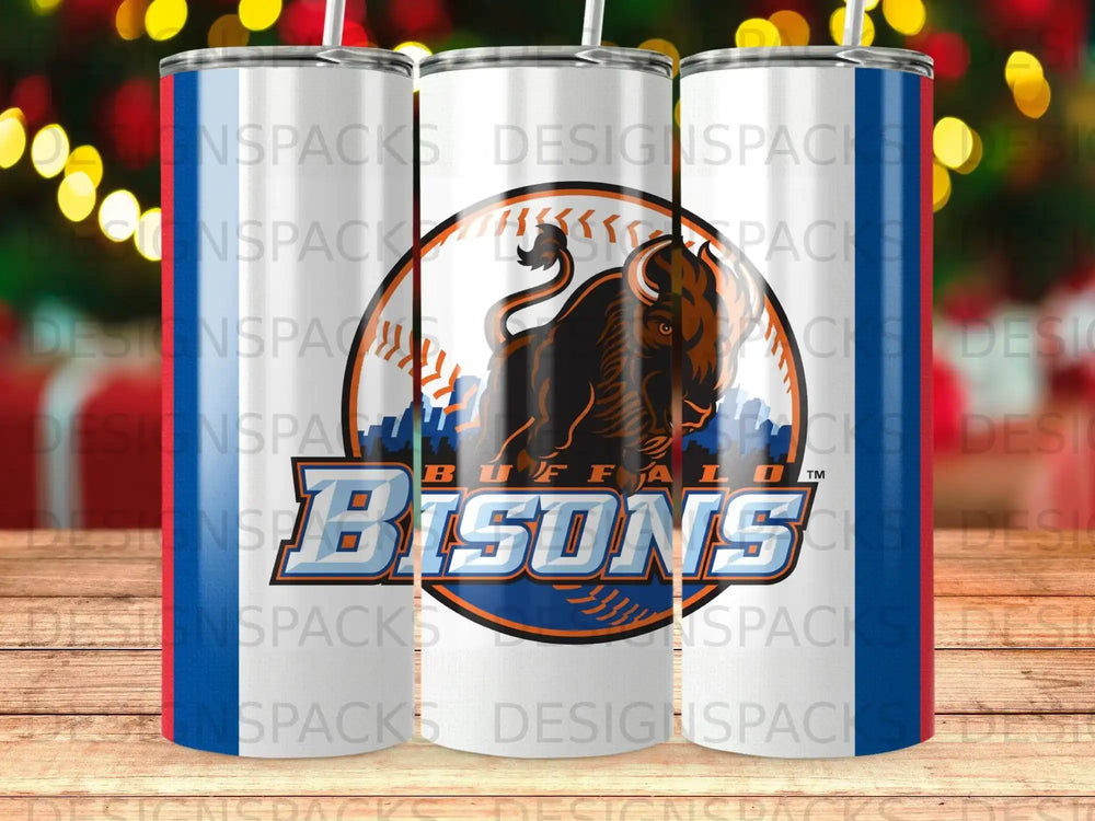 Buffalo Bisons logo with bison on a white tumbler with red and blue stripes.