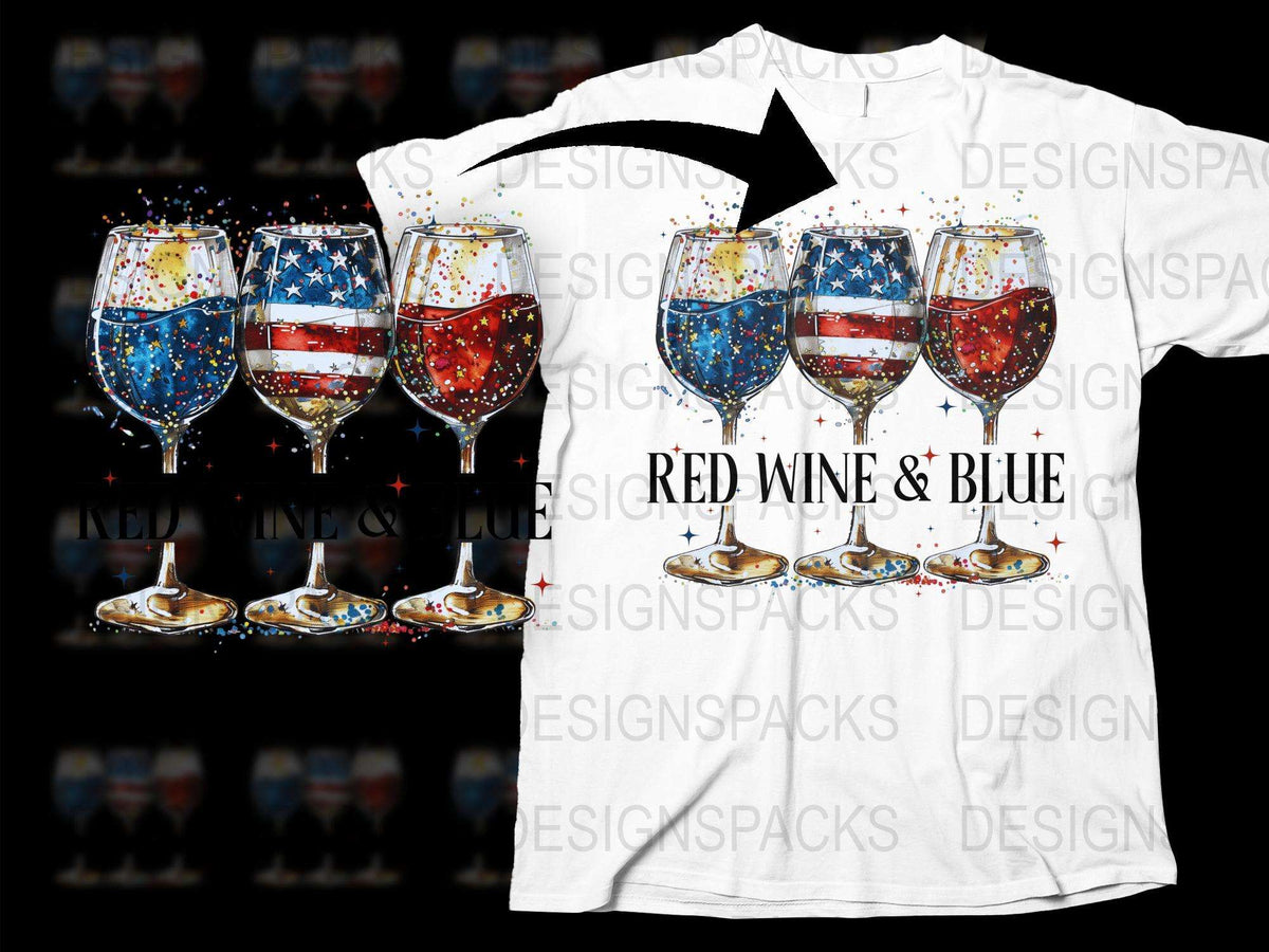 Patriotic Wine Glasses T-Shirt, Red Wine and Blue Funny July 4th Tee, American Flag Colors Drink Lovers Top