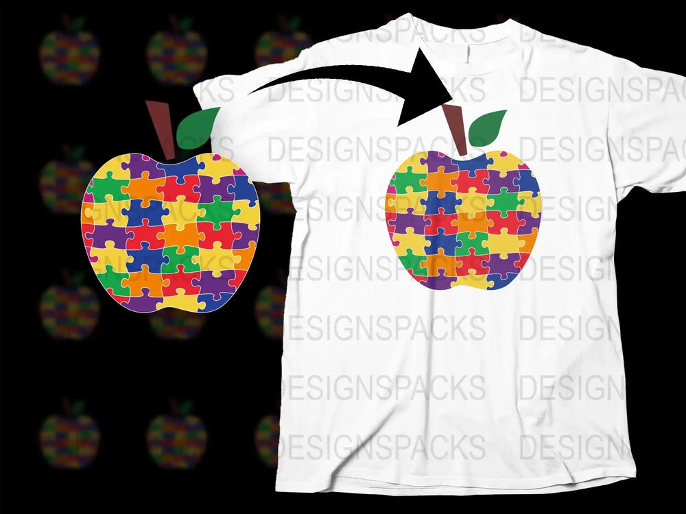 Autism Awareness Puzzle Piece Apple Design T-Shirt, Colorful Autism Support Tee, Teacher Gift, Inclusive Education Apparel