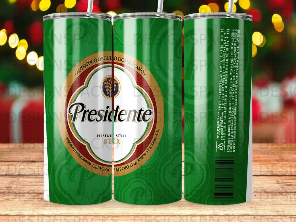 Green can with "Presidente Pilsener Style Beer" logo and Dominican Republic origin.
