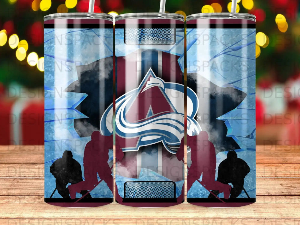 Colorado Avalanche hockey logo with players and ice background.