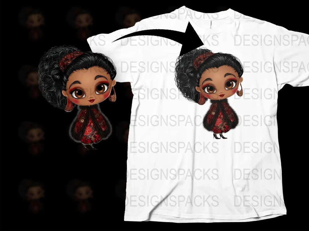 Cute Cartoon Girl T-Shirt, Curly Hair, Red Scarf, Casual Fashion Tee, White Background, Unique Graphic Design Shirt
