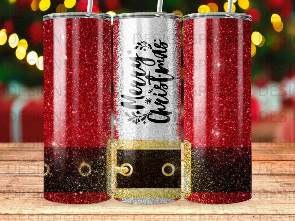 Red glitter tumbler with "Merry Christmas" text and gold buckle design.