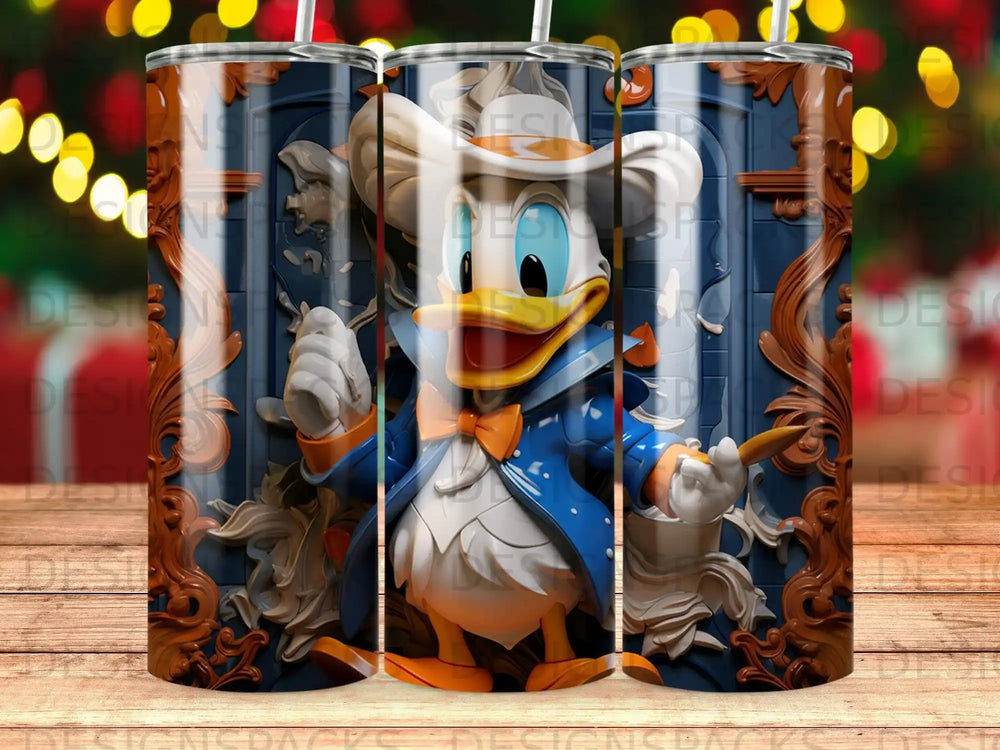 Donald Duck in a blue coat and orange bowtie, holding a paintbrush.