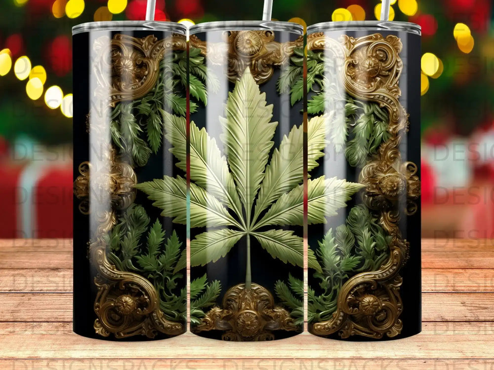 Black tumbler with ornate gold frame and green cannabis leaf.