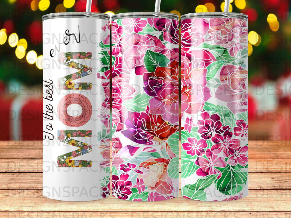 "Mom" tumbler with floral pattern in pinks and purples.