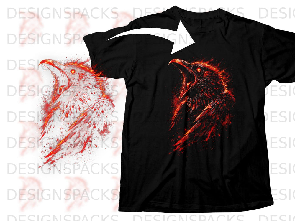 Black t-shirt with a fiery red raven graphic and a white arrow graphic.