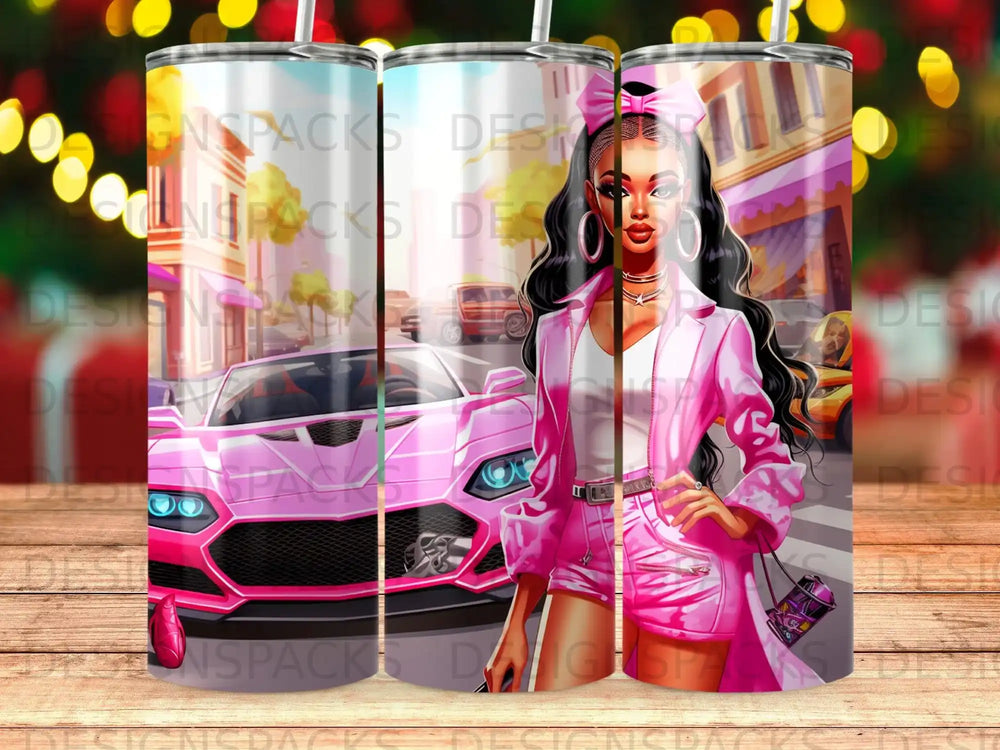 Woman in pink outfit with pink car, urban background.