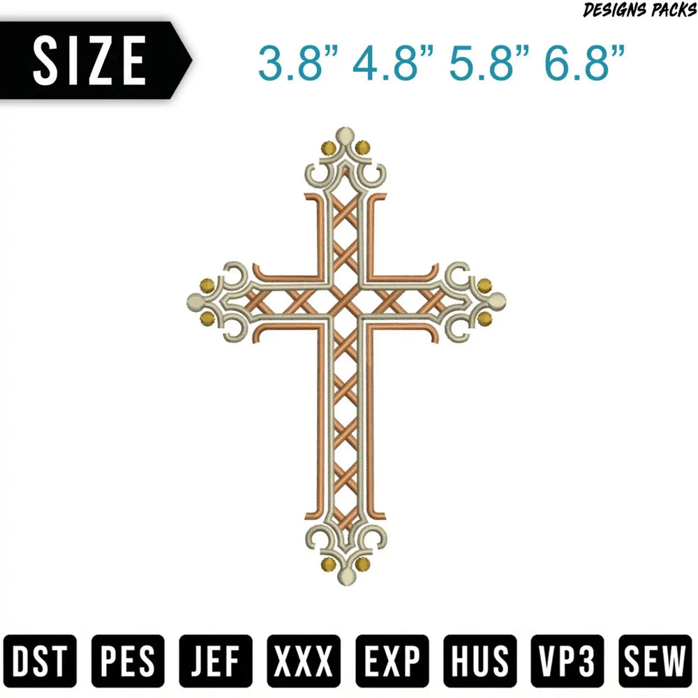 Ornate cross embroidery design available in four sizes.