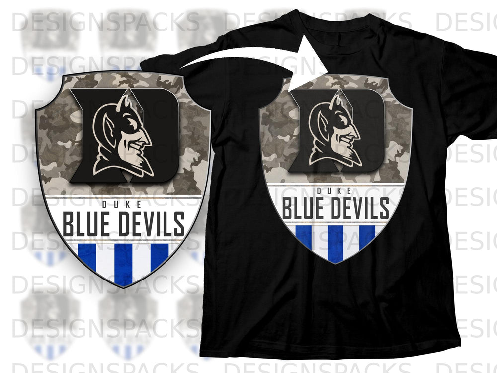 Black t-shirt with Duke Blue Devils shield logo and camouflage background.